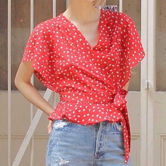 HEARTLOOM Blouse Red Blake wrap Bow Tie Waist Spring Blouse Size XS - Picture 4 of 8